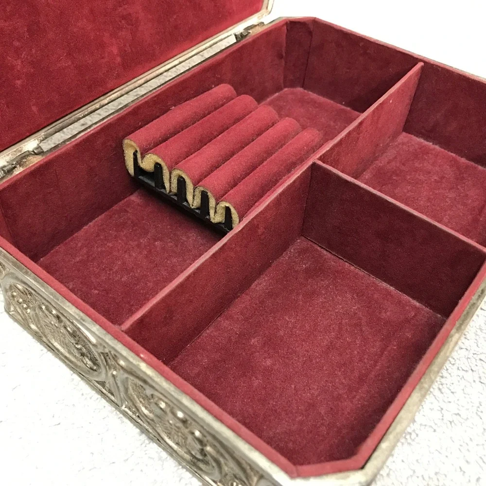Vintage Godinger Silver Plated Ornate Floral Jewelry Box Red Velvet Lined Large